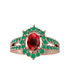 Garnet ve kök zümrüt 14 ayar rose altın yüzük