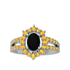 Lobelia Yüzük - Siyah zirkon ve sitrin 8 ayar beyaz altın yüzük #1kr8xcx