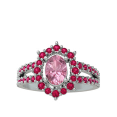 Pembe kuvars ve rodolit garnet 14 ayar beyaz altın yüzük