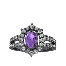 Lobelia Yüzük - Ametist ve beyaz zirkon 925 ayar siyah rodyum kaplama gümüş yüzük #1og989j