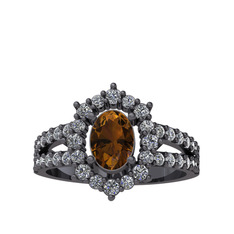 Lobelia Yüzük - Dumanlı kuvars ve pırlanta 925 ayar siyah rodyum kaplama gümüş yüzük (0.8 karat) #1tfrcfi