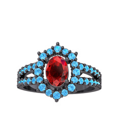 Lobelia Yüzük - Garnet ve akuamarin 925 ayar siyah rodyum kaplama gümüş yüzük #1uxz7fq