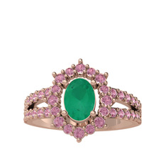 Kök zümrüt ve pembe kuvars 8 ayar rose altın yüzük