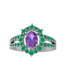 Ametist ve kök zümrüt 8 ayar beyaz altın yüzük