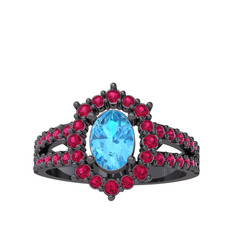 Lobelia Yüzük - Akuamarin ve rodolit garnet 925 ayar siyah rodyum kaplama gümüş yüzük #1xat68n