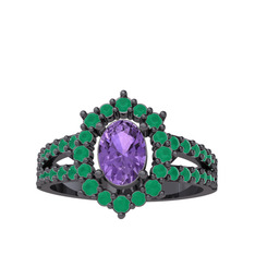 Lobelia Yüzük - Ametist ve kök zümrüt 925 ayar siyah rodyum kaplama gümüş yüzük #4n1cwg