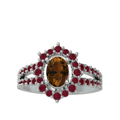 Dumanlı kuvars ve kök yakut 8 ayar beyaz altın yüzük