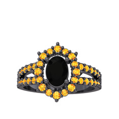 Lobelia Yüzük - Siyah zirkon ve sitrin 925 ayar siyah rodyum kaplama gümüş yüzük #bzmj1i