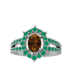 Dumanlı kuvars ve kök zümrüt 8 ayar beyaz altın yüzük