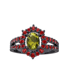 Lobelia Yüzük - Peridot ve garnet 925 ayar siyah rodyum kaplama gümüş yüzük #ief58h