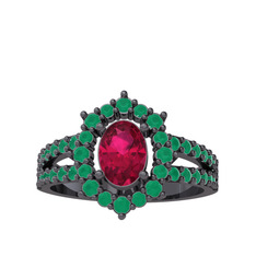 Lobelia Yüzük - Rodolit garnet ve kök zümrüt 925 ayar siyah rodyum kaplama gümüş yüzük #m5u8qk