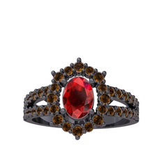 Lobelia Yüzük - Garnet ve dumanlı kuvars 925 ayar siyah rodyum kaplama gümüş yüzük #qepdyv