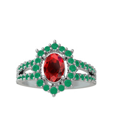 Lobelia Yüzük - Garnet ve kök zümrüt 8 ayar beyaz altın yüzük #semuq6