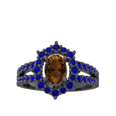 Lobelia Yüzük - Dumanlı kuvars ve lab safir 925 ayar siyah rodyum kaplama gümüş yüzük #snk8nh