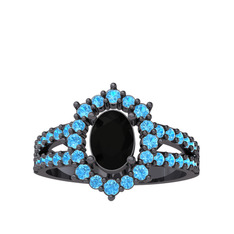 Lobelia Yüzük - Siyah zirkon ve akuamarin 925 ayar siyah rodyum kaplama gümüş yüzük #swls02