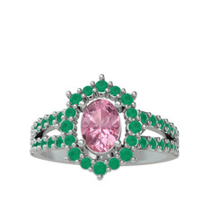 Pembe kuvars ve kök zümrüt 8 ayar beyaz altın yüzük