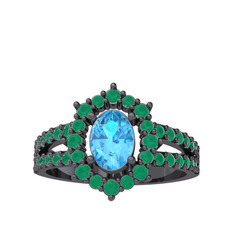 Lobelia Yüzük - Akuamarin ve kök zümrüt 925 ayar siyah rodyum kaplama gümüş yüzük #w45tbo