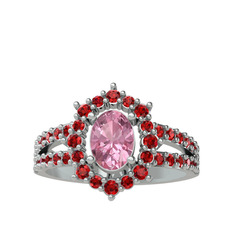 Pembe kuvars ve garnet 18 ayar beyaz altın yüzük