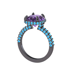 Eula Tektaş Yüzük - Ametist ve akuamarin 925 ayar siyah rodyum kaplama gümüş yüzük #1ct0vhv