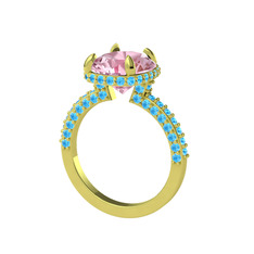 Pembe kuvars ve akuamarin 14 ayar altın yüzük