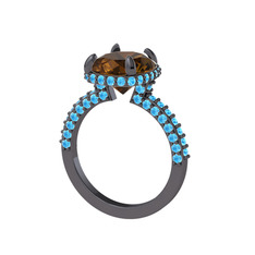 Eula Tektaş Yüzük - Dumanlı kuvars ve akuamarin 925 ayar siyah rodyum kaplama gümüş yüzük #4o3ma6