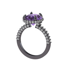 Eula Tektaş Yüzük - Ametist ve beyaz zirkon 925 ayar siyah rodyum kaplama gümüş yüzük #64w717