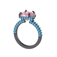 Eula Tektaş Yüzük - Pembe kuvars ve akuamarin 925 ayar siyah rodyum kaplama gümüş yüzük #8ief87