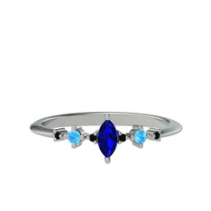 Minimal Aster Yüzük - Lab safir, akuamarin ve siyah zirkon 18 ayar beyaz altın yüzük #130se3w