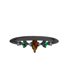 Minimal Aster Yüzük - Dumanlı kuvars, yeşil kuvars ve beyaz zirkon 925 ayar siyah rodyum kaplama gümüş yüzük #17vipyi