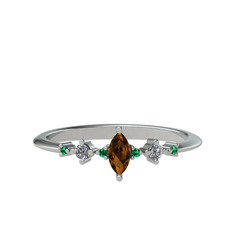 Dumanlı kuvars, beyaz zirkon ve yeşil kuvars 18 ayar beyaz altın yüzük