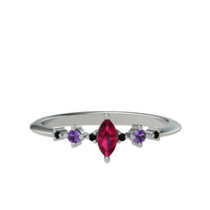 Rodolit garnet, ametist ve siyah zirkon 8 ayar beyaz altın yüzük