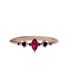 Minimal Aster Yüzük - Rodolit garnet, siyah zirkon ve lab safir 14 ayar rose altın yüzük #1b4plug