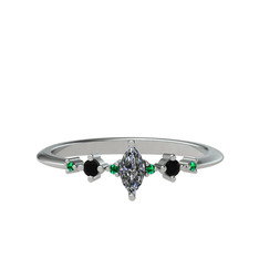 Minimal Aster Yüzük - Beyaz zirkon, siyah zirkon ve yeşil kuvars 18 ayar beyaz altın yüzük #1cz41r1