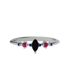 Siyah zirkon, rodolit garnet ve lab safir 8 ayar beyaz altın yüzük