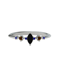 Siyah zirkon, dumanlı kuvars ve lab safir 14 ayar beyaz altın yüzük