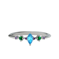 Akuamarin, yeşil kuvars ve ametist 18 ayar beyaz altın yüzük