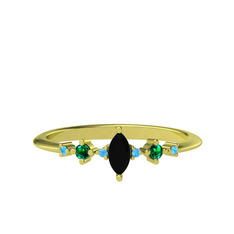 Siyah zirkon, yeşil kuvars ve akuamarin 18 ayar altın yüzük