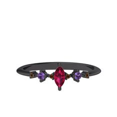 Minimal Aster Yüzük - Rodolit garnet, ametist ve dumanlı kuvars 925 ayar siyah rodyum kaplama gümüş yüzük #1nmuapn