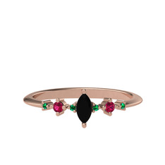 Minimal Aster Yüzük - Siyah zirkon, rodolit garnet ve yeşil kuvars 8 ayar rose altın yüzük #1obgqcu