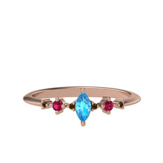 Akuamarin, rodolit garnet ve dumanlı kuvars 14 ayar rose altın yüzük