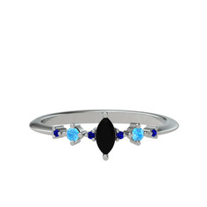 Minimal Aster Yüzük - Siyah zirkon, akuamarin ve lab safir 14 ayar beyaz altın yüzük #1plc7ky