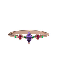 Ametist, rodolit garnet ve yeşil kuvars 14 ayar rose altın yüzük