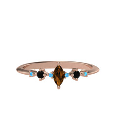 Dumanlı kuvars, siyah zirkon ve akuamarin 18 ayar rose altın yüzük