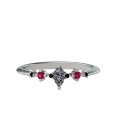 Minimal Aster Yüzük - Beyaz zirkon, rodolit garnet ve siyah zirkon 14 ayar beyaz altın yüzük #1sj4k7x