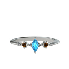 Akuamarin, dumanlı kuvars ve beyaz zirkon 8 ayar beyaz altın yüzük