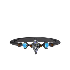 Minimal Aster Yüzük - Beyaz zirkon, akuamarin ve dumanlı kuvars 925 ayar siyah rodyum kaplama gümüş yüzük #1x93u6g