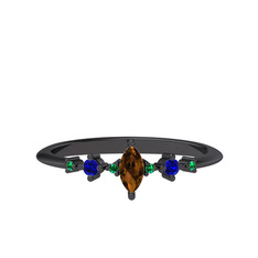 Minimal Aster Yüzük - Dumanlı kuvars, lab safir ve yeşil kuvars 925 ayar siyah rodyum kaplama gümüş yüzük #1xfyxoc