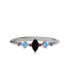 Siyah zirkon, akuamarin ve rodolit garnet 18 ayar beyaz altın yüzük