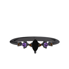 Minimal Aster Yüzük - Siyah zirkon, ametist ve dumanlı kuvars 925 ayar siyah rodyum kaplama gümüş yüzük #24b06r