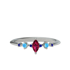 Rodolit garnet, akuamarin ve lab safir 14 ayar beyaz altın yüzük
